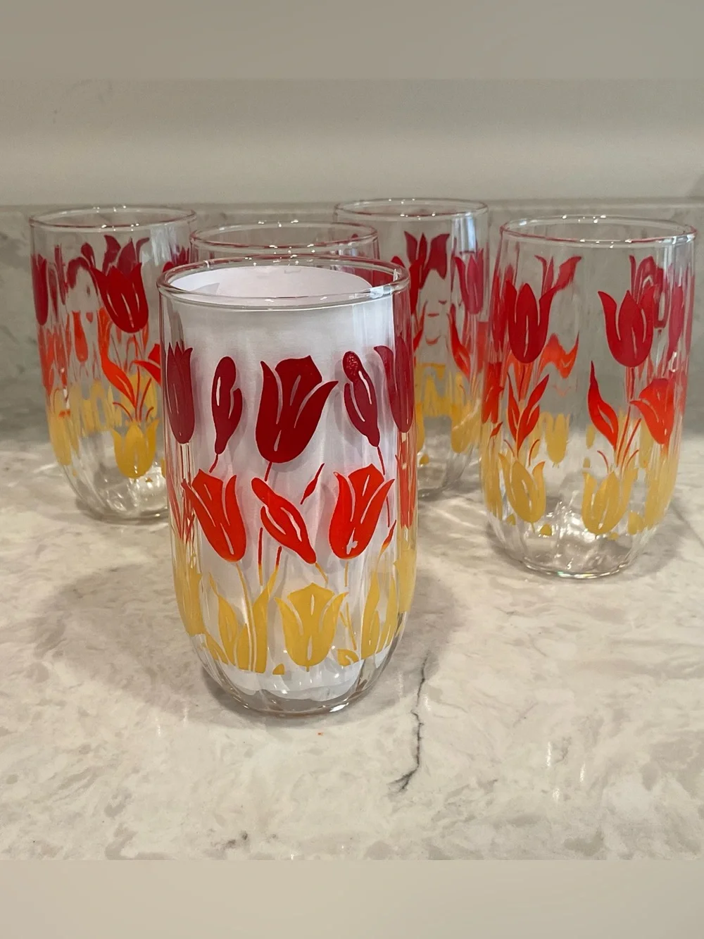 Vintage Fluted Red, Orange & Yellow Tulip Design Juice Glasses, Set of 5